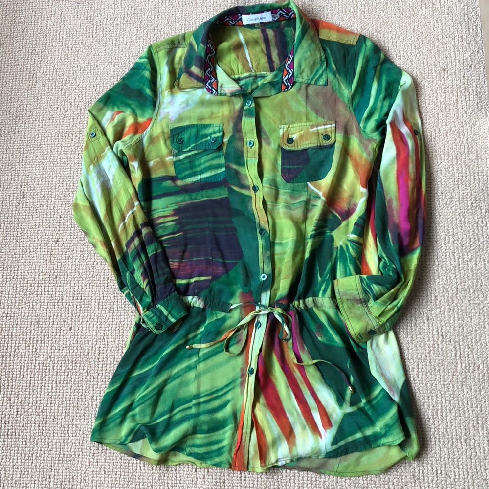 Calvin Klein tropical printed blouse, tie waist